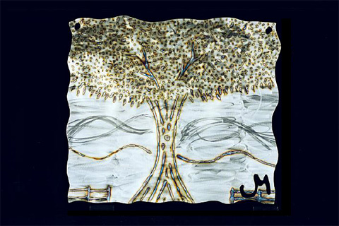 "In the Forest", Original, Torch Painted Stainless Steel Tree with Hillside & Fence - Jason Mernick